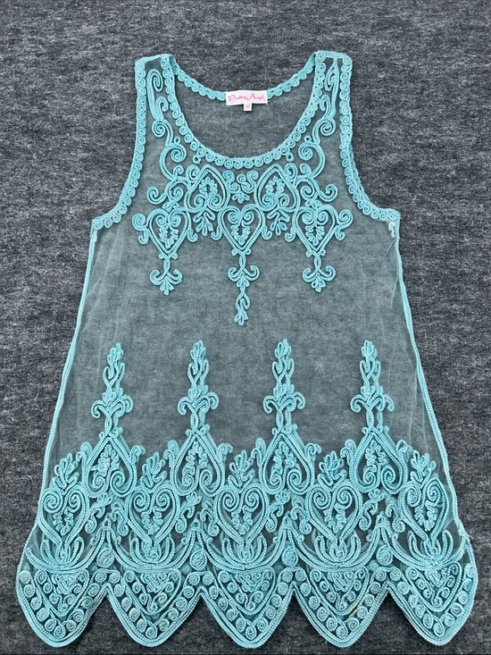 Pretty Angel Tops - Pretty Angel Aqua Lace Sheer Tunic Tank Top Silk Blend Wide Strap Size Medium